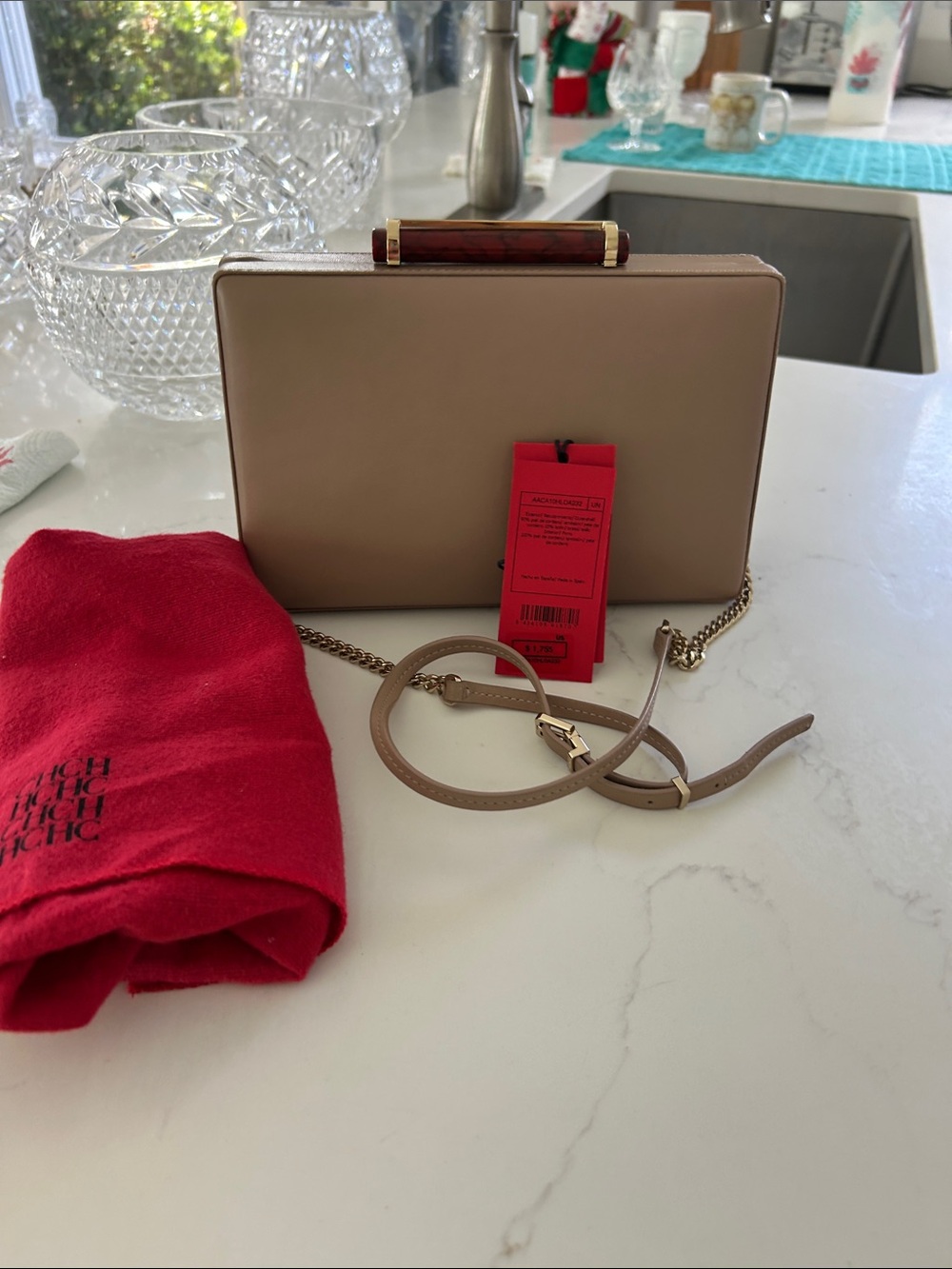 Neutral Taupe Leather Box Clutch with Gold Chain and Wood-Accent Handle